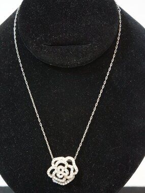 M4M Silver Camelia Flower Pendant Necklace AB Clear Rhinestone